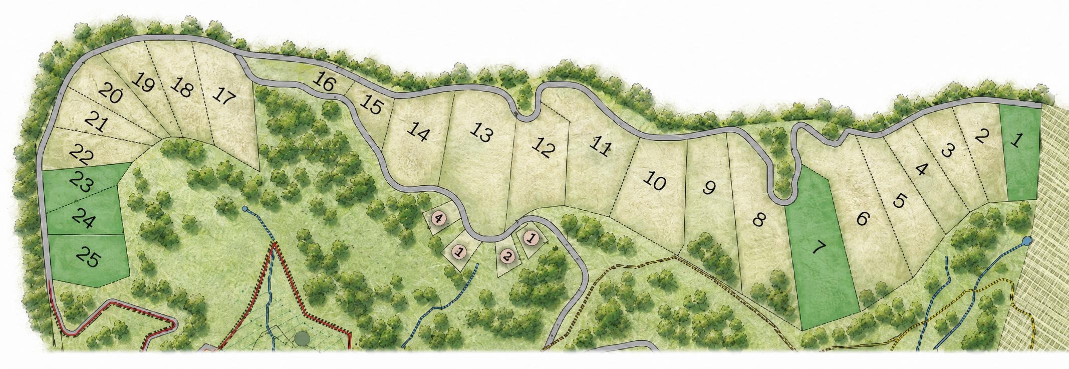 Site plan of The Reserve at Estancia Natura showing 25 numbered estate homesites along the mountain road, surrounded by forest